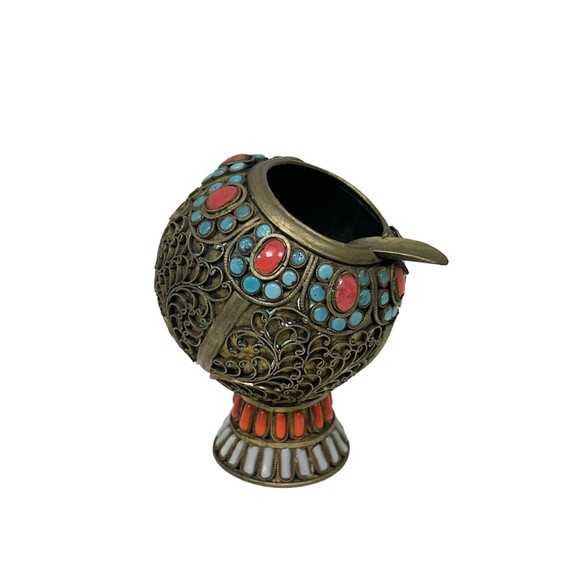 Other - Vintage Brass Wired Ash Tray with Turquoise and Coral Inlay